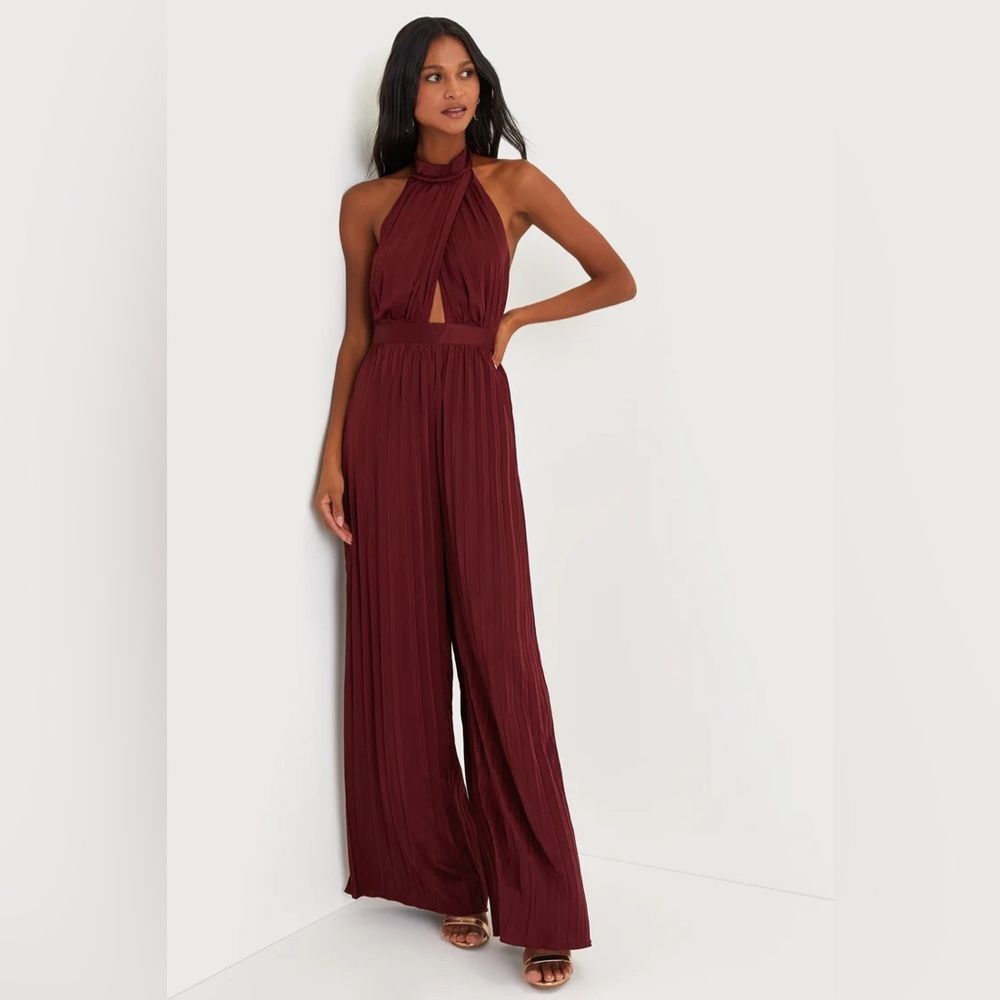 Lulus Confident Impression Burgundy Satin Pleated Halter Jumpsuit